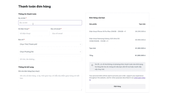 Popup đặt hàng